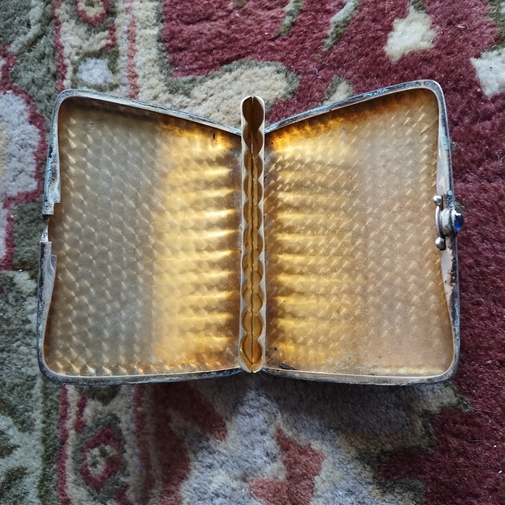Vintage Sterling Silver Cigarette Case Cabochon Sapphire Clasp - Picture 2 of 5